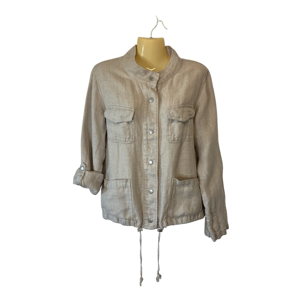 Women's 100% Linen Utility Jacket 6 Snap Front Close Patch Pockets Tan Medium